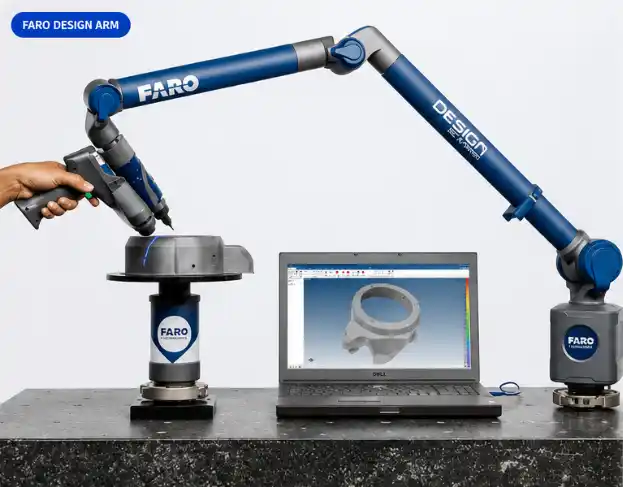 Handheld 3D scanner capturing a part with a colour deviation comparison map